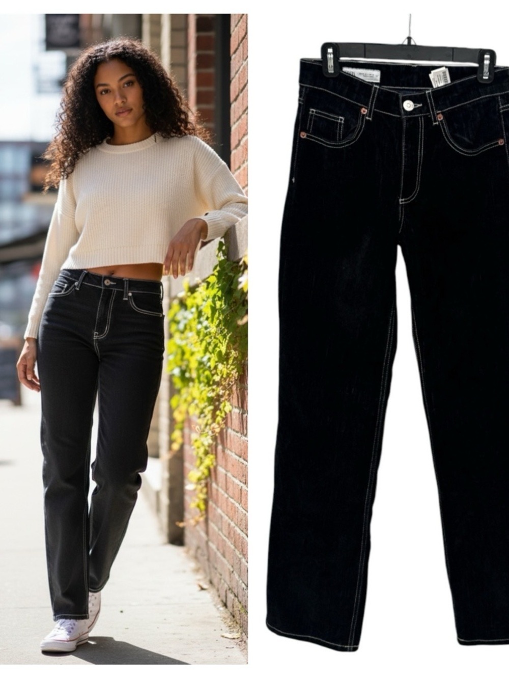 Zara velour Black Straight-Leg Jeans - Classic High-Rise Fit size 2